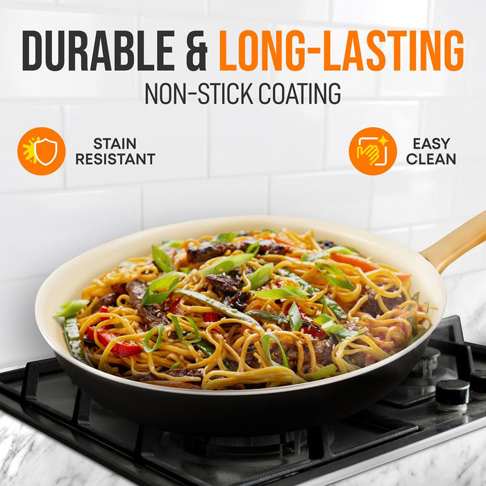 12'' Large Fry Pan - Non-Stick Pan With Silicone Handle, Interior Non-Stick Ceramic Coating And Polyester Coating Outside