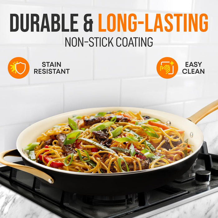 14'' Non-Stick Fry Pan – Durable Pan With Silicone Handle, Interior Non-Stick Ceramic Coating And Polyester Coating Outside