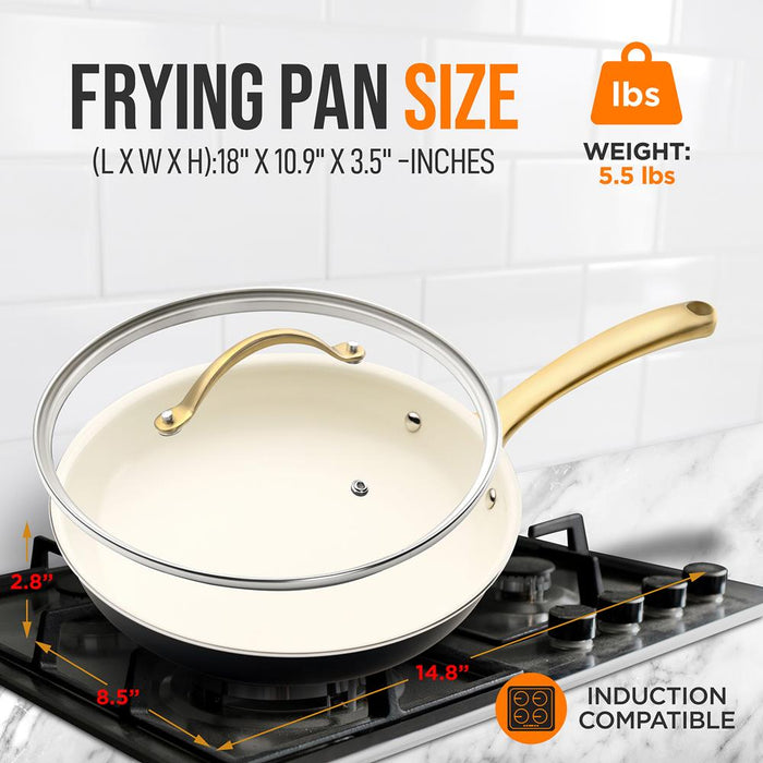 10'' Medium Fry Pan With Lid - Non-Stick Pan With Silicone Handle, Interior Non-Stick Ceramic Coating And Polyester Coating Outside