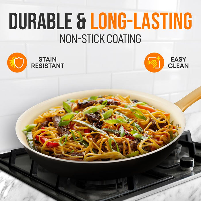 10'' Medium Fry Pan With Lid - Non-Stick Pan With Silicone Handle, Interior Non-Stick Ceramic Coating And Polyester Coating Outside