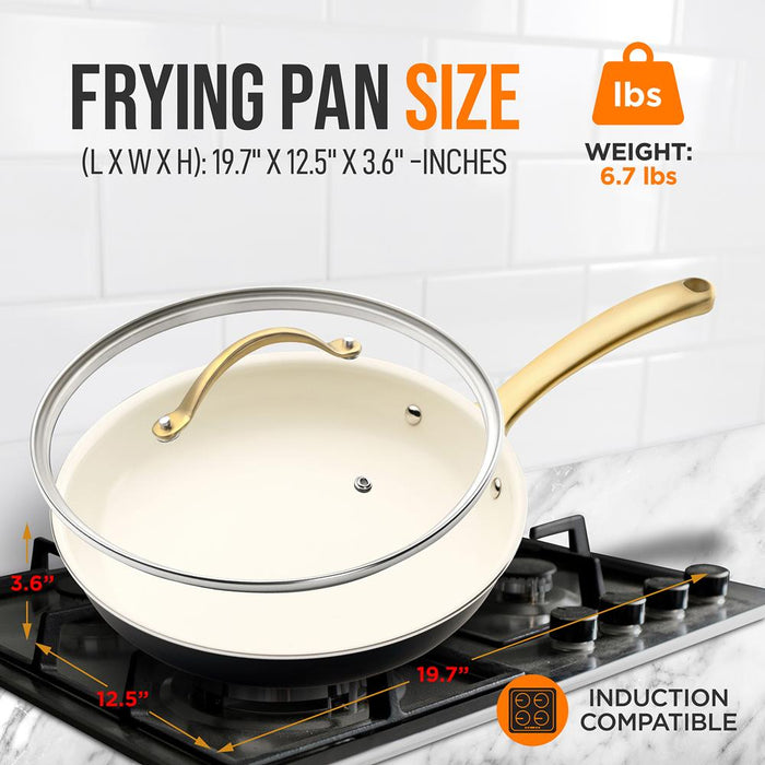 12'' Large Fry Pan With Lid - Non-Stick Pan With Silicone Handle, Interior Non-Stick Ceramic Coating And Polyester Coating Outside