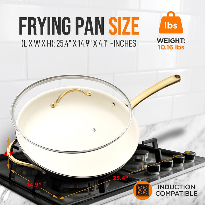 14'' Non-Stick Fry Pan With Lid – Durable Pan With Silicone Handle, Interior Non-Stick Ceramic Coating And Polyester Coating Outside