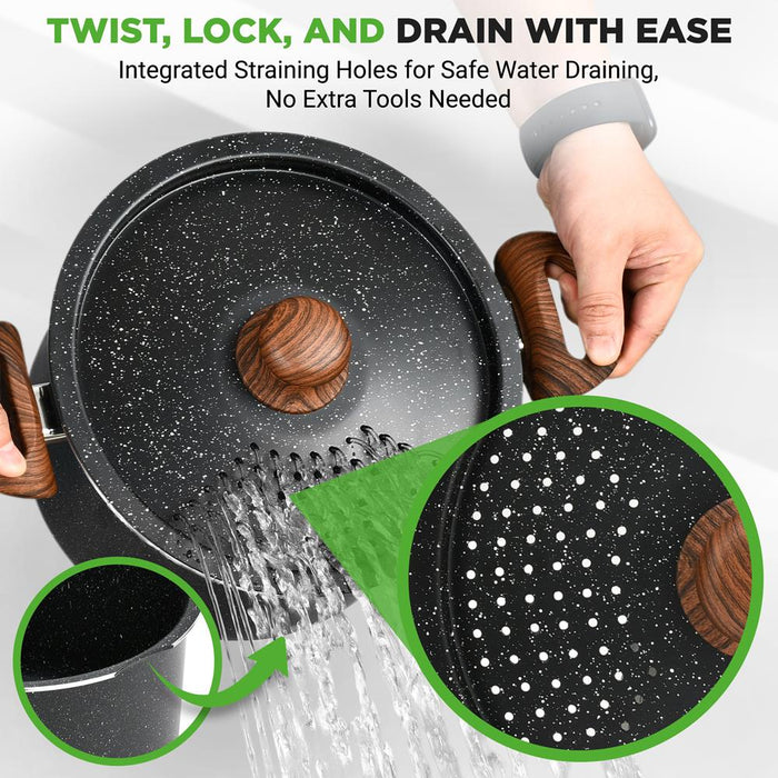 5qt Non-Stick Pasta Pot with Strainer Lid & Fork, Even Heat, Black Marble