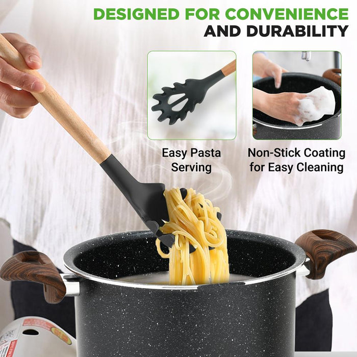5qt Non-Stick Pasta Pot with Strainer Lid & Fork, Even Heat, Black Marble