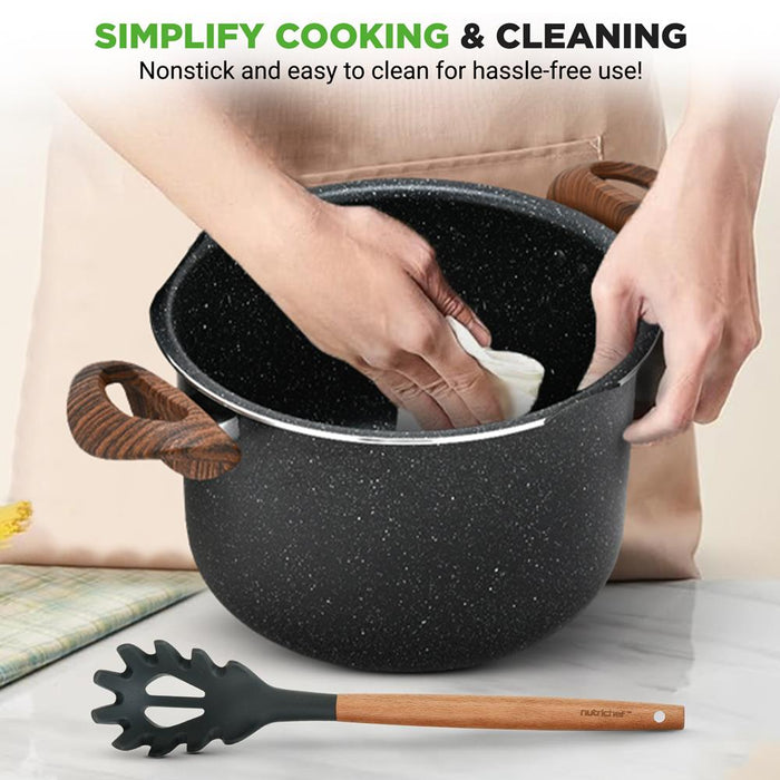 5qt Non-Stick Pasta Pot with Strainer Lid & Fork, Even Heat, Black Marble
