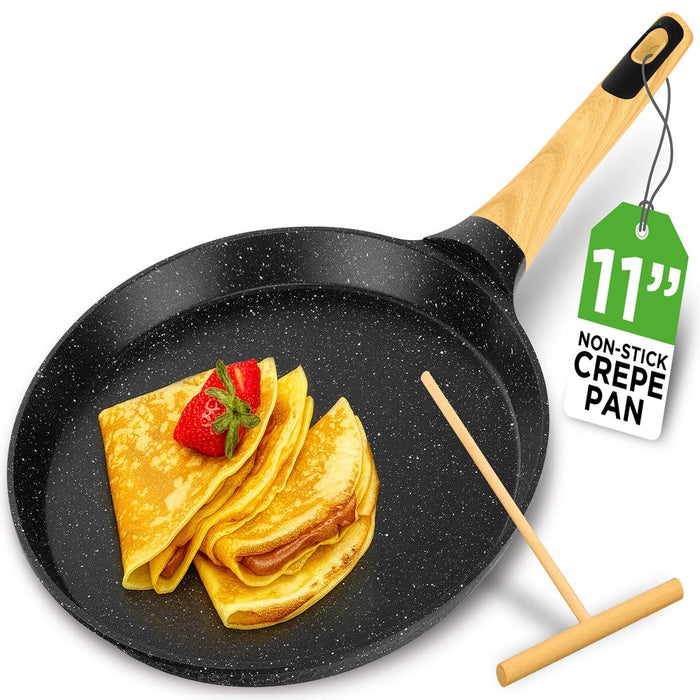 11" Non-Stick Crepe Pan, Easy Clean Marble Coating, Includes Spreader