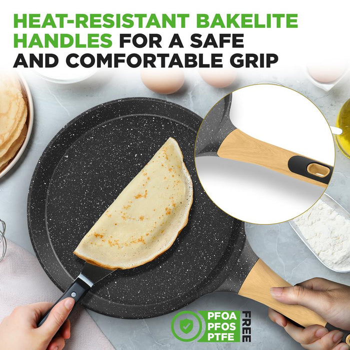 11" Non-Stick Crepe Pan, Easy Clean Marble Coating, Includes Spreader