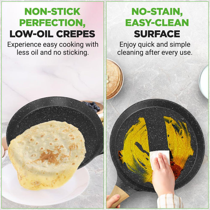 11" Non-Stick Crepe Pan, Easy Clean Marble Coating, Includes Spreader