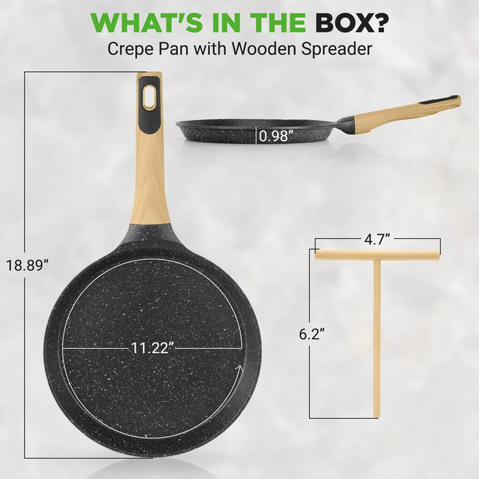 11" Non-Stick Crepe Pan, Easy Clean Marble Coating, Includes Spreader