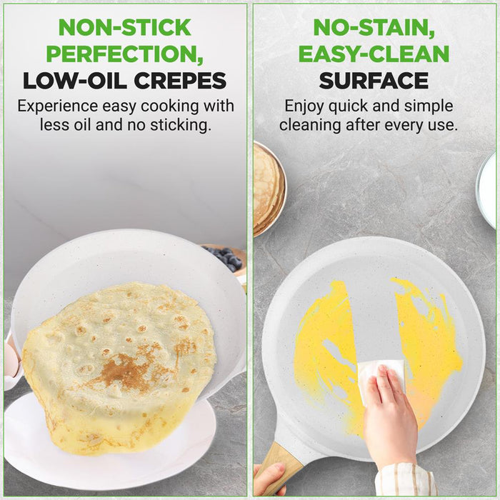 11" Non-Stick Crepe Pan, Easy Clean Marble Coating, White Cream Marble