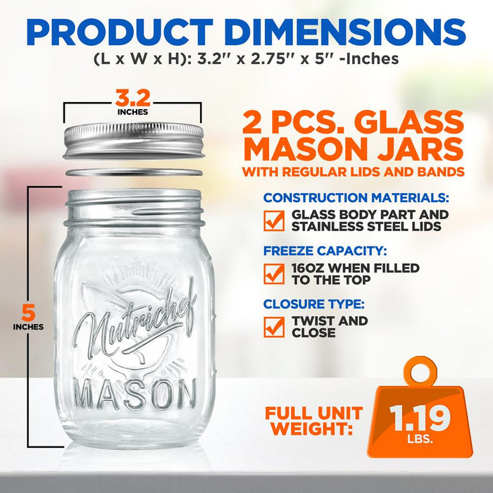 Mason Jars 2-Pack 16 oz - Airtight Seal, Thick Glass, Silver Lids