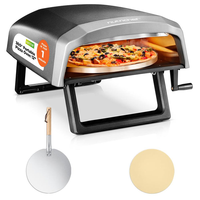 360° Portable Pizza Oven With Rotating Pizza Stone, Rain Cover, Regulator, And Hose – Suitable For Outdoor & Indoor Use (Black)