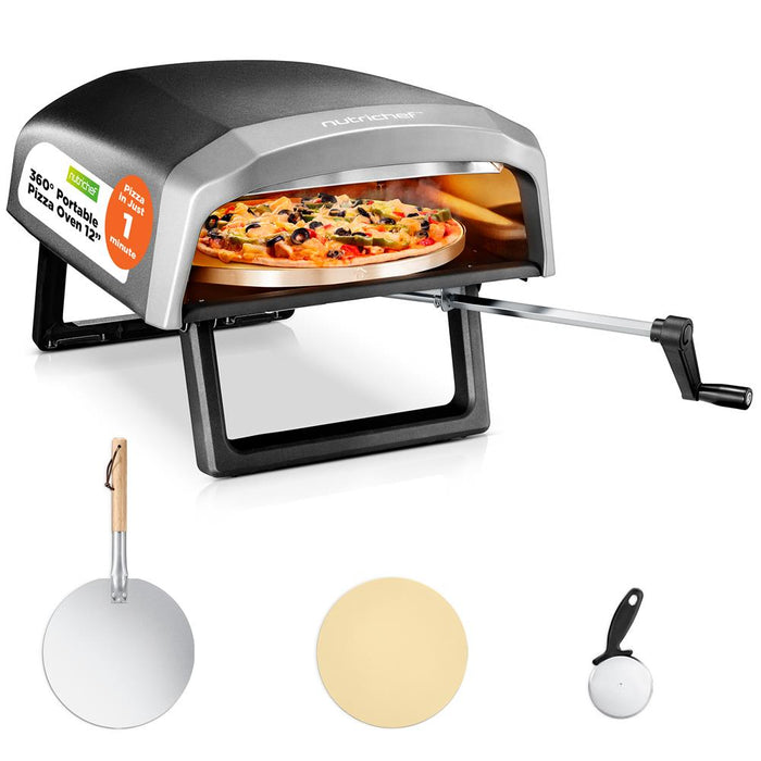 360° Portable Pizza Oven With Rotating Pizza Stone, Rain Cover, Regulator, And Hose – Suitable For Outdoor & Indoor Use (Black)