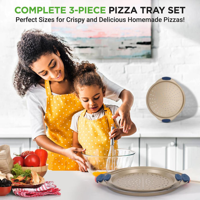 3-Piece Pizza Tray Set for Crispy Pizzas, Nonstick Carbon Steel, Gold
