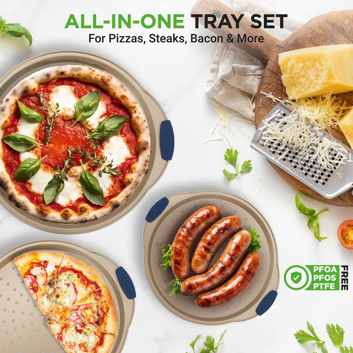 3-Piece Pizza Tray Set for Crispy Pizzas, Nonstick Carbon Steel, Gold
