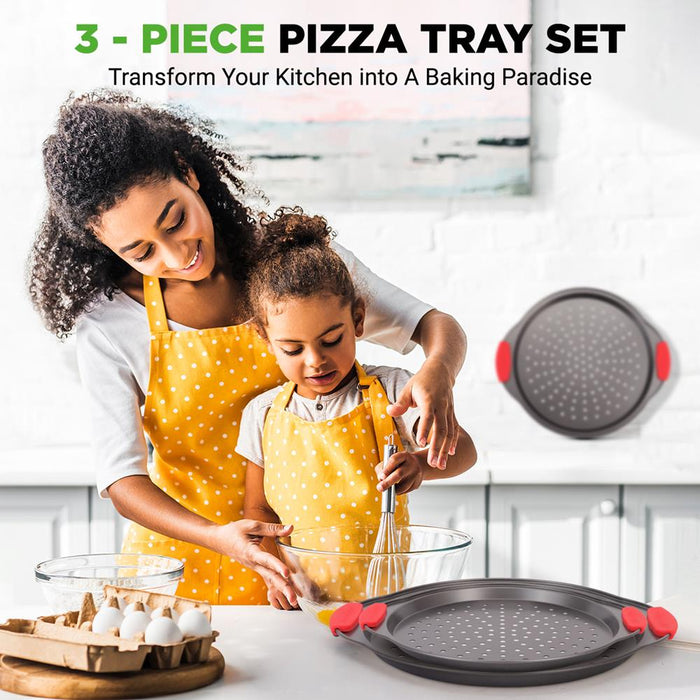 3-Piece Pizza Tray Set for Crispy Pizzas, Nonstick Carbon Steel, Gray