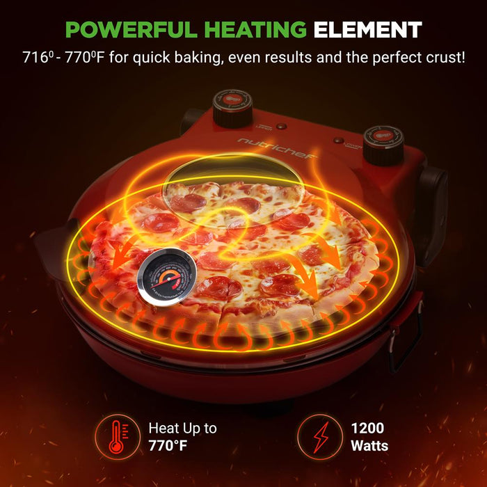 Electric Pizza Oven, Precise Cooking, Non-Stick Stone, Red