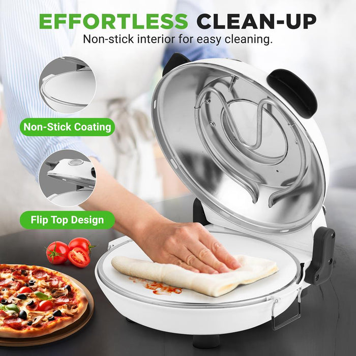 Electric Pizza Oven 12" | Precise Cooking | Non-Stick Stone | White