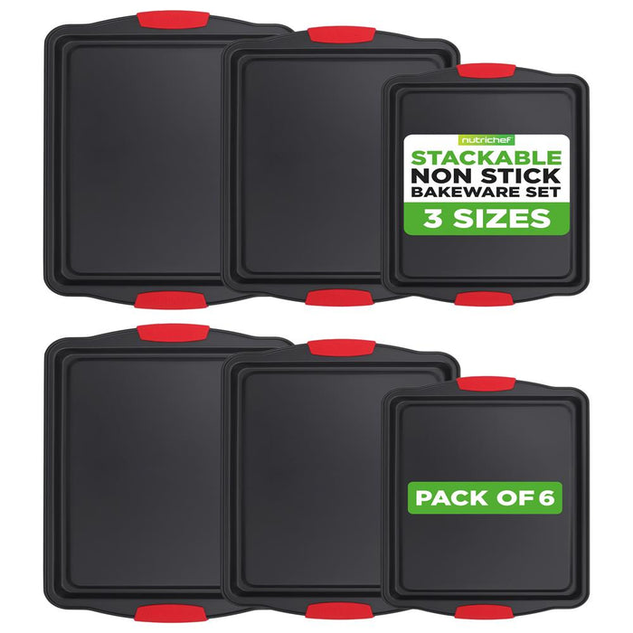 3-Piece Nonstick Baking Pan Set - Easy Clean Carbon Steel 0.4mm, Red Handles