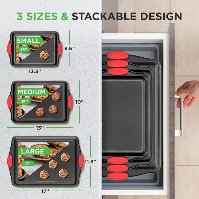 3-Piece Nonstick Baking Pan Set - Easy Clean Carbon Steel 0.4mm, Red Handles