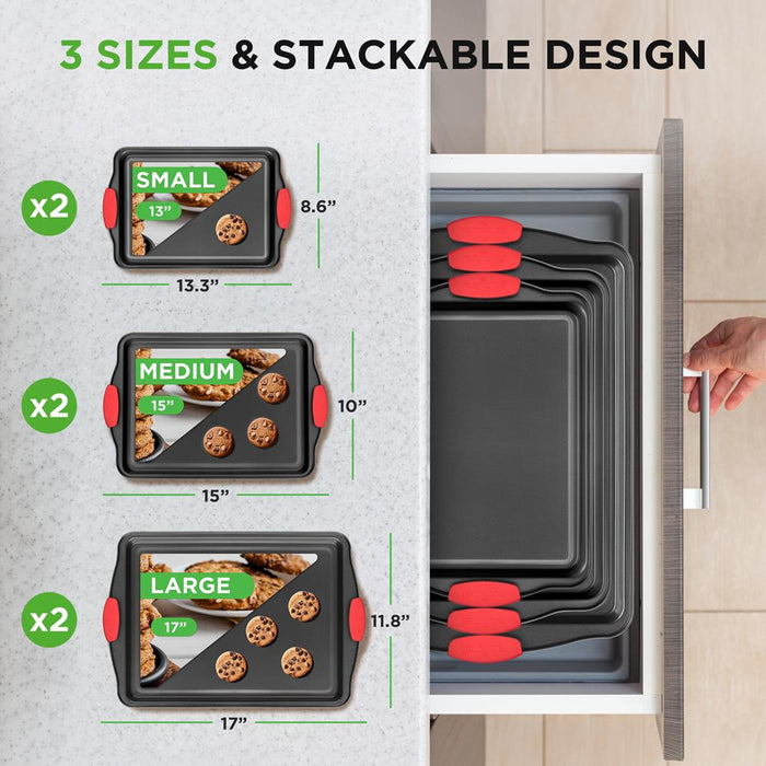 3-Piece Nonstick Baking Pan Set - Easy Clean Carbon Steel 0.4mm, Red Handles