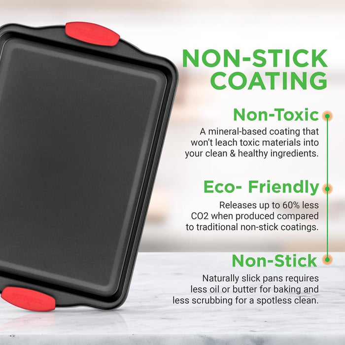 3-Piece Nonstick Baking Pan Set - Easy Clean Carbon Steel 0.4mm, Red Handles
