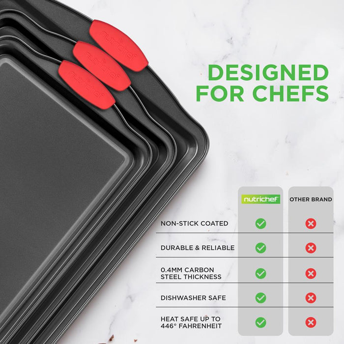 Kitchen Oven Baking Pans - Deluxe Nonstick Gray Coating Inside & Outside Carbon Steel Bakeware Set With Red Silicone Handles (3-Pieces)