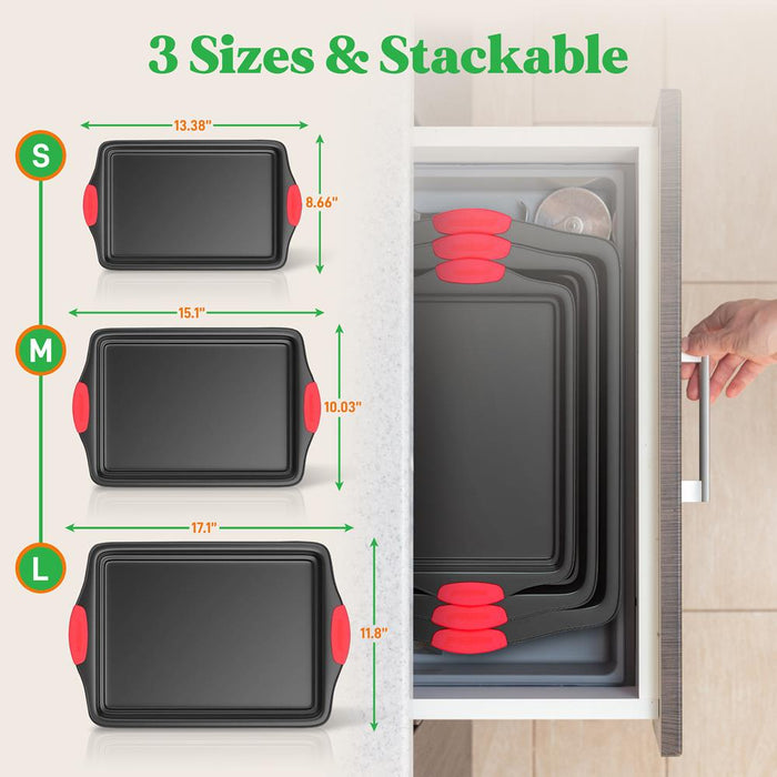 Kitchen Oven Baking Pans - Deluxe Nonstick Gray Coating Inside & Outside Carbon Steel Bakeware Set With Red Silicone Handles (3-Pieces)