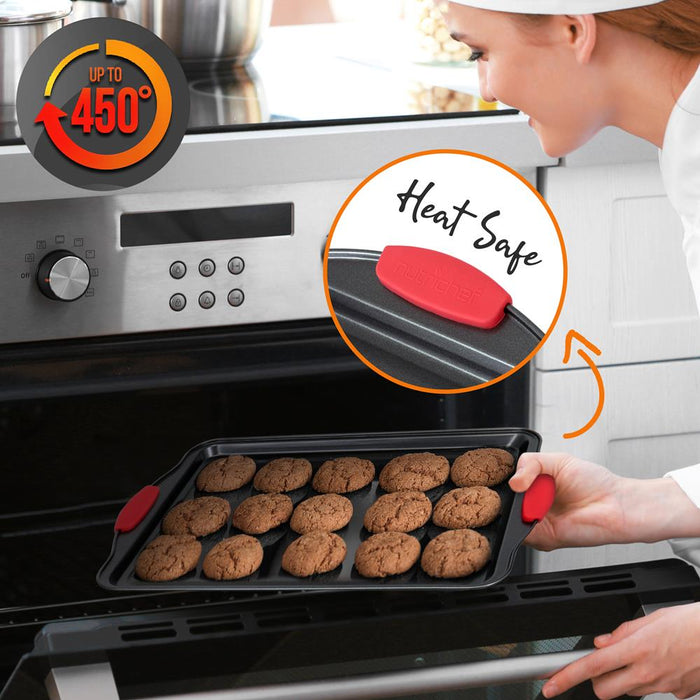 Kitchen Oven Baking Pans - Deluxe Nonstick Gray Coating Inside & Outside Carbon Steel Bakeware Set With Red Silicone Handles (3-Pieces)