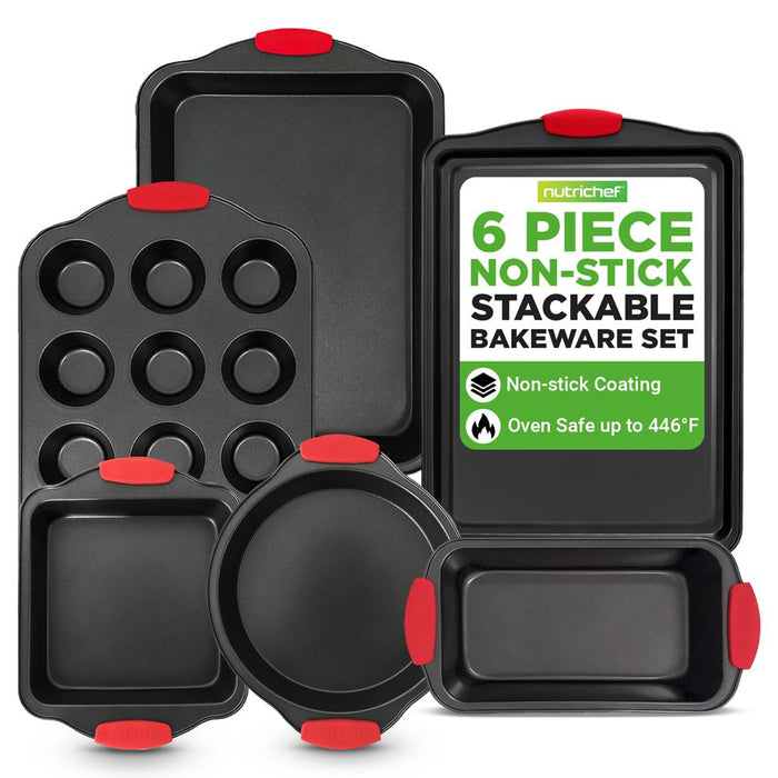 6-Piece Nonstick Bakeware Set, Carbon Steel, Red Silicone Handles