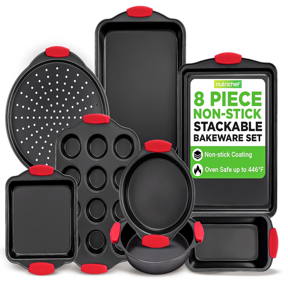 Healthy s Nutri-Pan セット 8-Piece Nonstick Bakeware Set, Carbon Steel, Red Silicone Handles