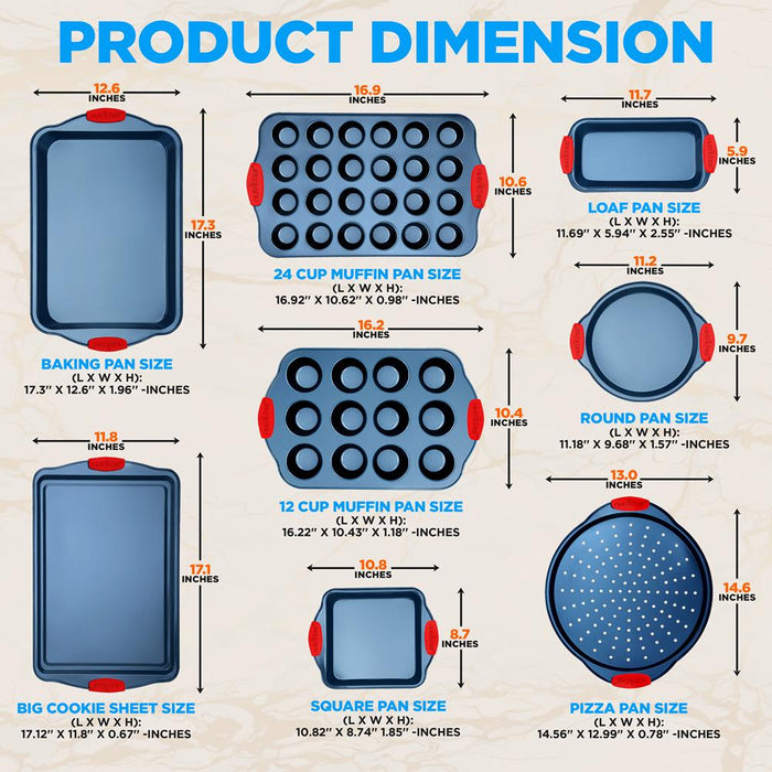 Kitchen Oven Baking Pans - Deluxe Nonstick Blue Coating Inside & Outside Carbon Steel Bakeware Set With Red Silicone Handles (10-Pieces)