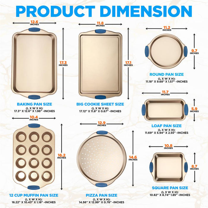 Kitchen Oven Baking Pans - Deluxe Nonstick Gold Coating Inside & Outside Carbon Steel Bakeware Set With Blue Silicone Handles (8-Pieces)