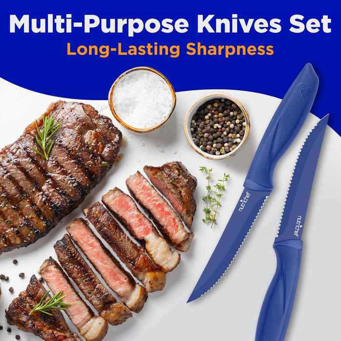 8 Pcs. Steak Knives Set - Non-Stick Coating Knives Set With Stainless Steel Blades, Unbreakable Knives, Great For Bbq Grill (Blue)