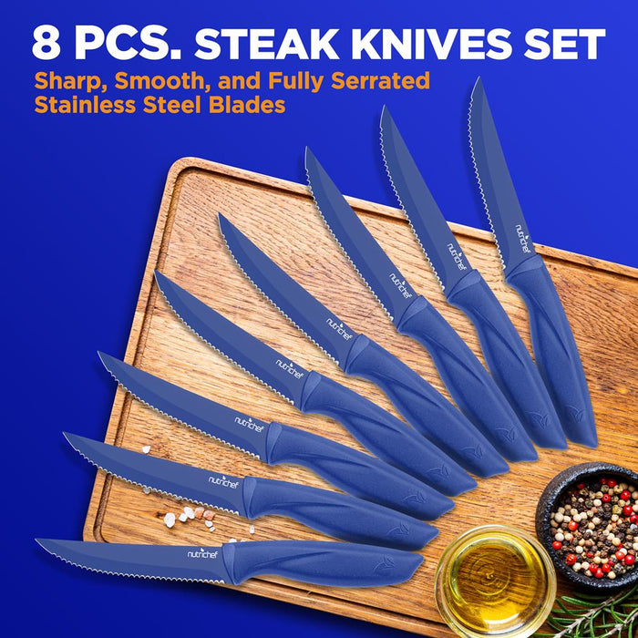 8 Pcs. Steak Knives Set - Non-Stick Coating Knives Set With Stainless Steel Blades, Unbreakable Knives, Great For Bbq Grill (Blue)