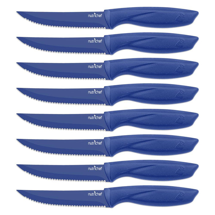 8 Pcs. Steak Knives Set - Non-Stick Coating Knives Set With Stainless Steel Blades, Unbreakable Knives, Great For Bbq Grill (Blue)