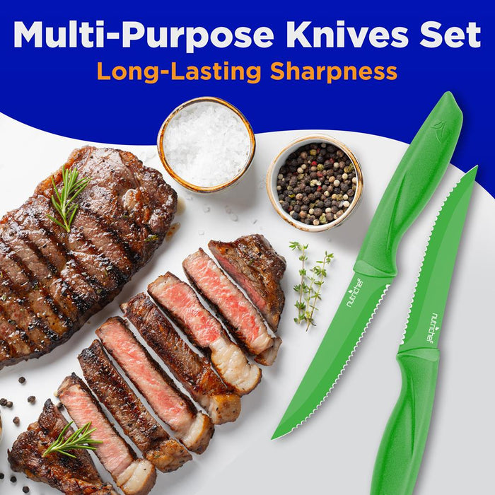 8 Pcs. Steak Knives Set - Non-Stick Coating Knives Set With Stainless Steel Blades, Unbreakable Knives, Great For Bbq Grill (Green)