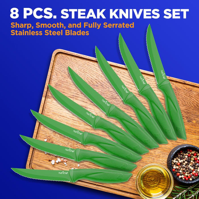 8 Pcs. Steak Knives Set - Non-Stick Coating Knives Set With Stainless Steel Blades, Unbreakable Knives, Great For Bbq Grill (Green)