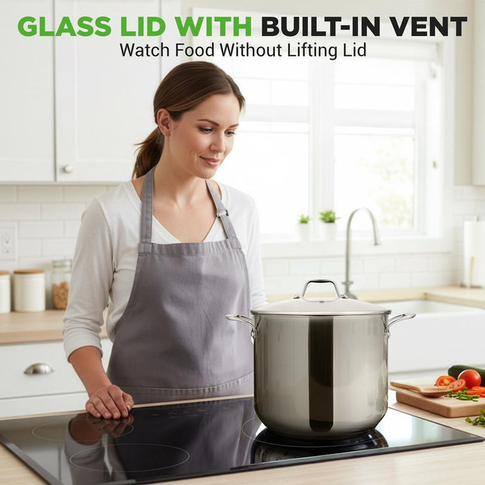 12-Quart Stock Pot, Even Heat, Stainless Steel, Tempered Glass Lid