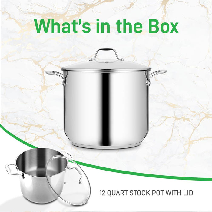 Stainless Steel Cookware Stockpot - 12 Quart, Heavy Duty Induction Pot, Soup Pot With Lid