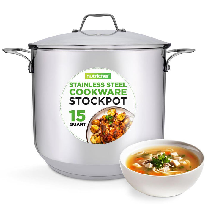 Stainless Steel Cookware Stockpot - 15 Quart, Heavy Duty Induction Pot, Soup Pot With Lid