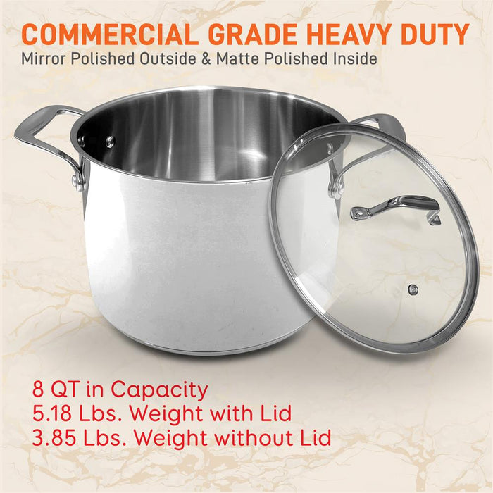 Stainless Steel Cookware Stockpot - 8 Quart, Heavy Duty Induction Pot, Stock Pot With Lid