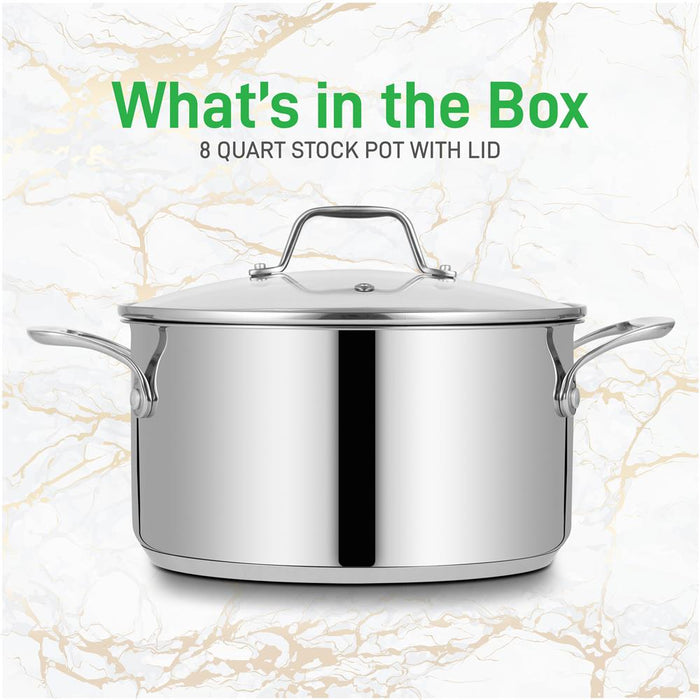 Stainless Steel Cookware Stockpot - 8 Quart, Heavy Duty Induction Pot, Stock Pot With Lid