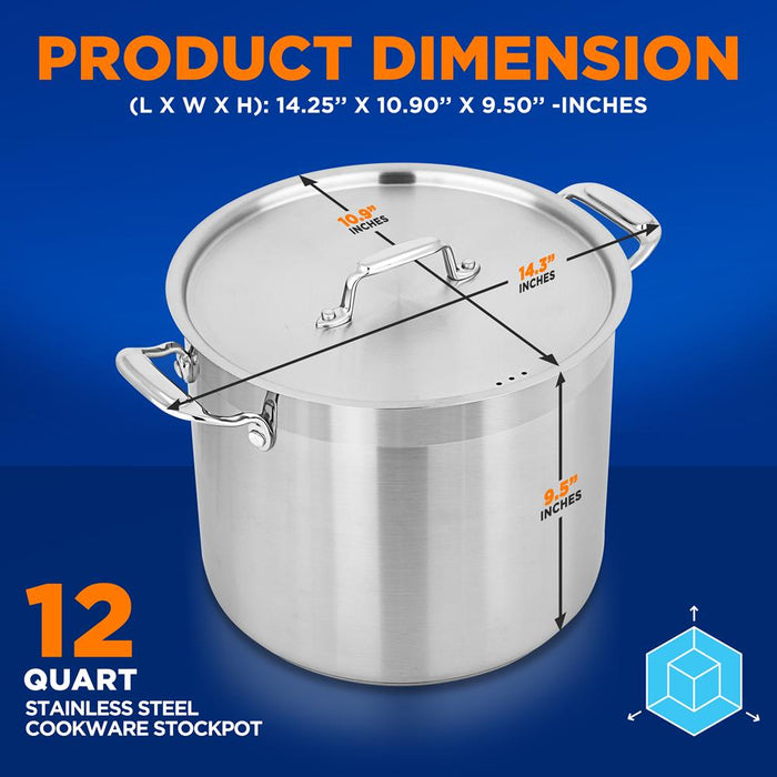 Stainless Steel Cookware Stockpot - 12 Quart, Heavy Duty Induction Pot, Soup Pot With Stainless Steel Lid