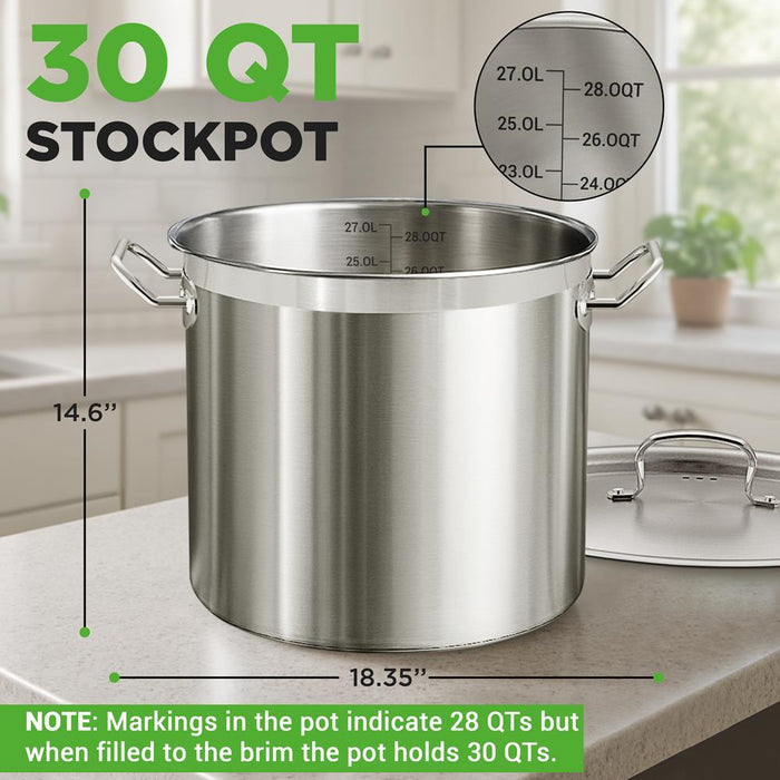 30 Qt Stainless Steel Stockpot, Even Heat, Induction Compatible