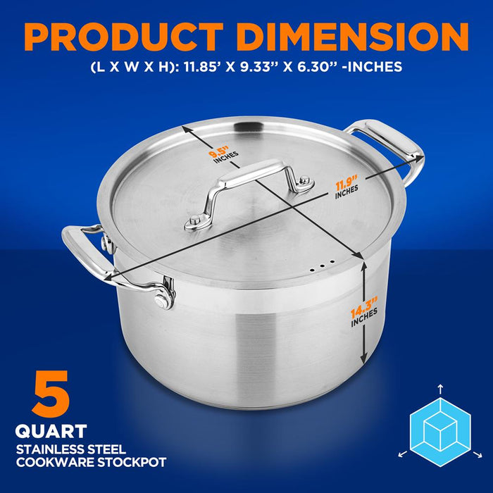 Stainless Steel Cookware Stock Pot - 5 Quart, Heavy Duty Induction Pot, Soup Pot With Stainless Steel Lid