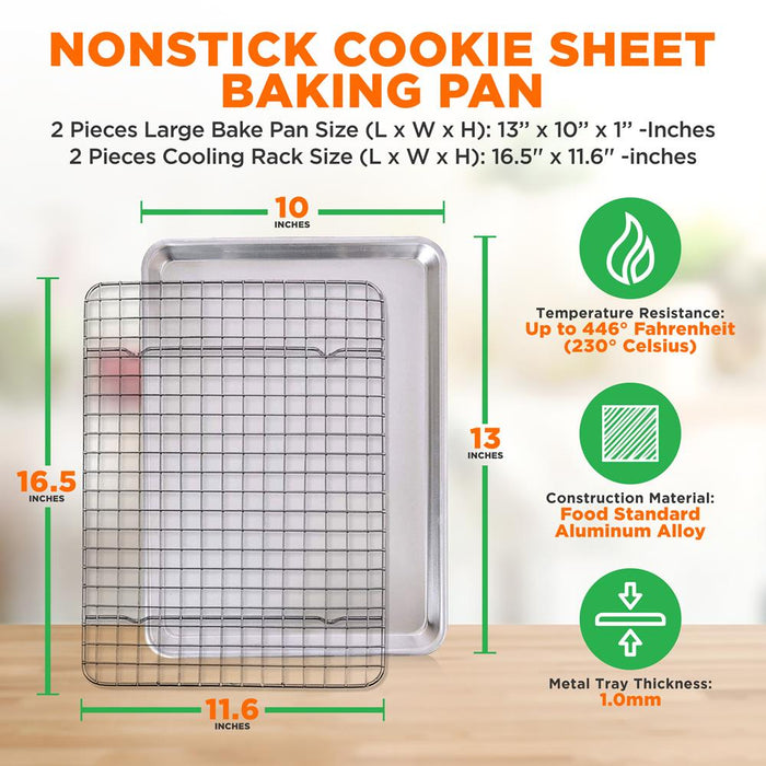 Nonstick Cookie Sheet Baking Pan With Cooling Rack - Professional Quality Kitchen Cooking Non-Stick Bake Trays With Silver Coating Inside & Outside (Pair)