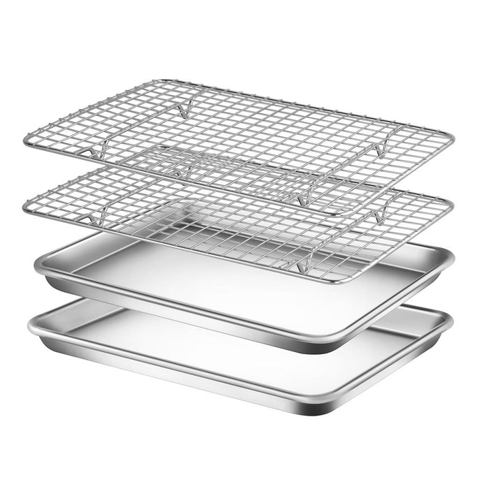 Nonstick Cookie Sheet Baking Pan With Cooling Rack - Professional Quality Kitchen Cooking Non-Stick Bake Trays With Silver Coating Inside & Outside (Pair)