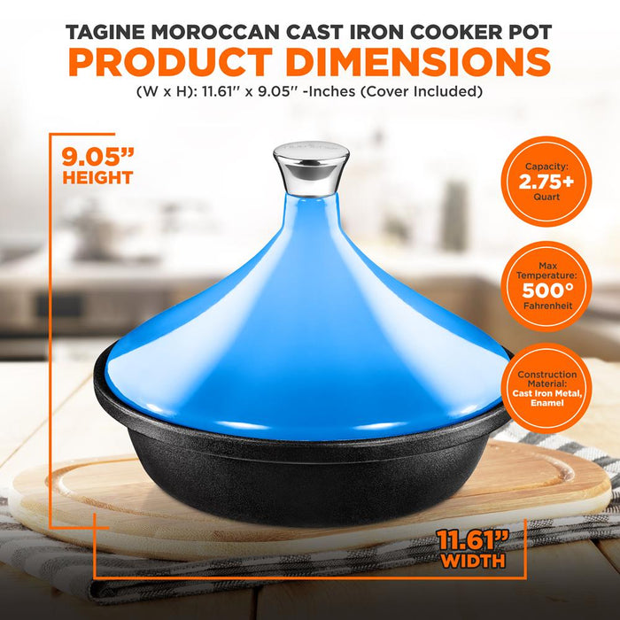 Tagine Moroccan Cast Iron Cooker Pot - 2.75-Quart Cooking Pot With Stainless Steel Knob, Enameled Base, And Cone-Shaped Cast Iron Enameled Lid (Blue)