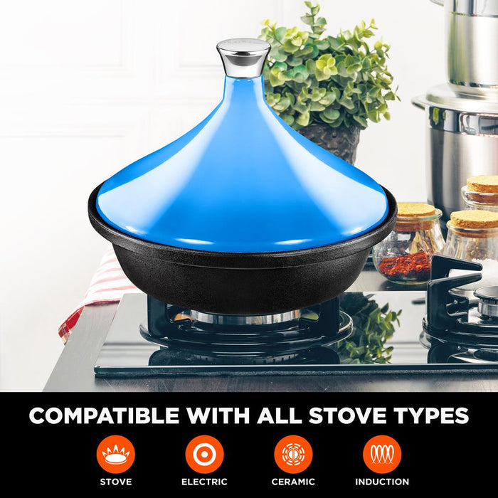 Tagine Moroccan Cast Iron Cooker Pot - 2.75-Quart Cooking Pot With Stainless Steel Knob, Enameled Base, And Cone-Shaped Cast Iron Enameled Lid (Blue)